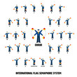 Sailors performing international flag semaphore alphabetic system. All objects grouped, named and layered.