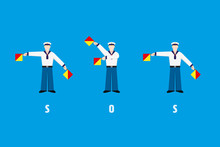 SOS Signal Performed By Sailors With Flag Semaphore System Flat Design Vector Illustration