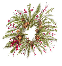 Christmas Wreath Vintage New Year Decoration With Pine Branches, Berries, Fir Cones.
