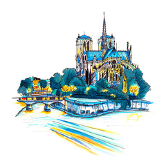 Wall Mural - Gloomy cityscape with southern facade of Cathedral of Notre Dame de Paris, France. Picture made markers