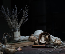 Still Life, Vintage. Mushrooms, Lavender On A Dark Wooden Table. Art, Old Paintings