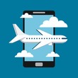 Airplane flying over the sky and smartphone device. colorful design. vector illustration