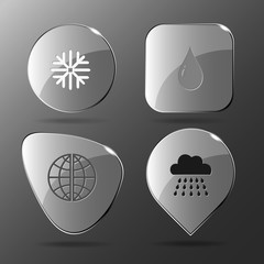 Sticker - 4 images: snowflake, drop, globe, rain. Weather set. Glass butto