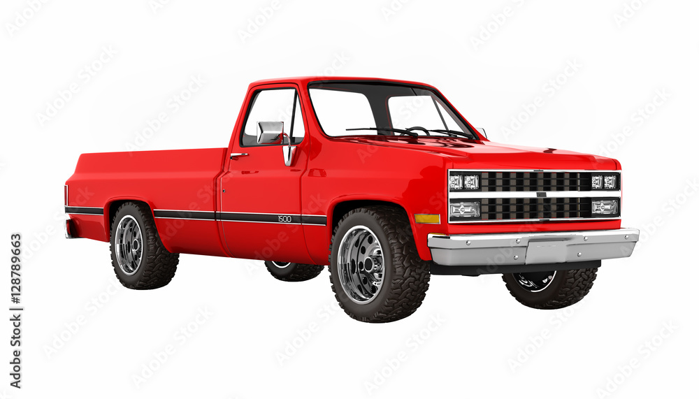 Red pickup truck without shadow perspective view on white 3d - obrazy, fototapety, plakaty 