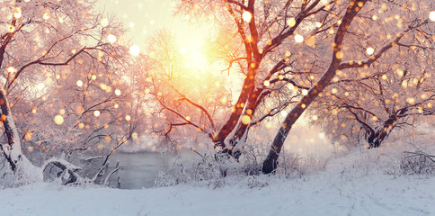 Wall Mural - sunny christmas morning. sun illuminate snowflakes.