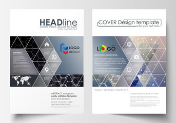 Templates for brochure, magazine, flyer or report. Cover design template, easy editable vector layout in A4 size. Chemistry pattern, hexagonal molecule structure. Medicine and science concept