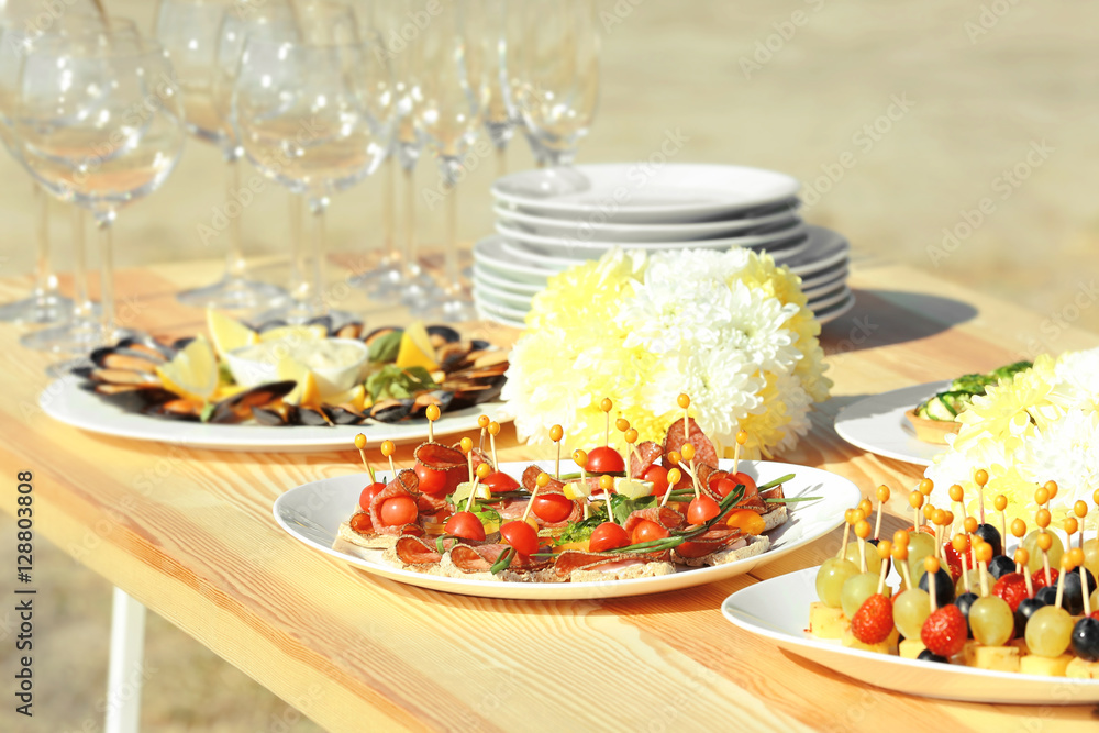 Table setting for buffet catering party, close up view