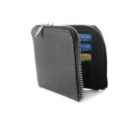 Wall Mural - Black leather wallet isolated on white