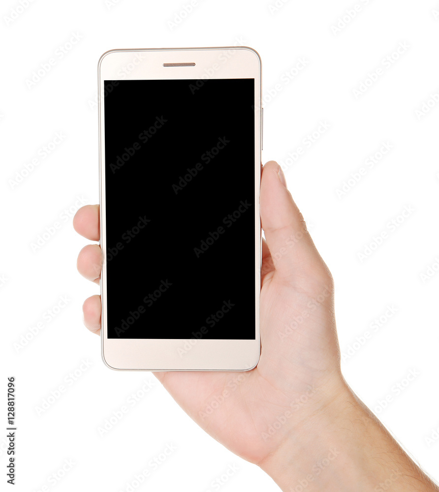 Hand holding smart phone on white background