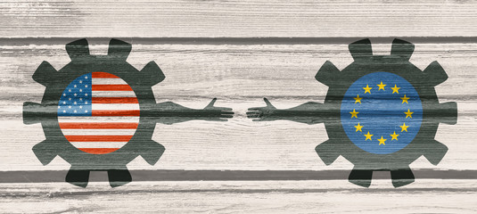 Wall Mural - Web Banner, Header Layout Template. Politic and economic relationship between USA and European Union. National flags on cog wheels. Wood texture