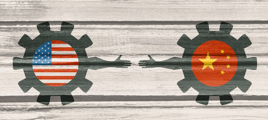 Wall Mural - Web Banner, Header Layout Template. Politic and economic relationship between USA and China. National flags on cog wheels. Wood texture