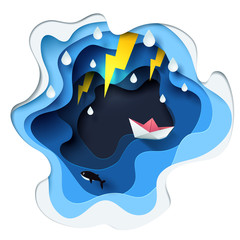 Wall Mural - Abstract of little paper boat against crazy sea and thunderbolt