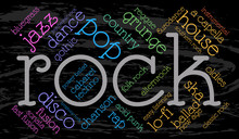 Rock. Word Cloud, Italic Font, Grunge Background. Music Concept.