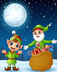 Wall Mural - Christmas old elf with cartoon elf kid  present a sack full of gifts