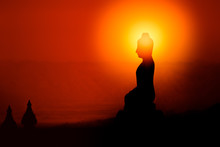 Silhouette Of Buddha, Buddhist Shadow With Wisdom Enlighten Light Spread.