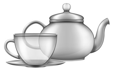 Sticker - Empty glass teapot and cup with a plate. Vector illustration.