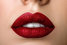 Close Up View Of Beautiful Woman Lips With Red Matt Lipstick