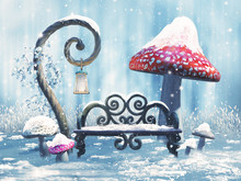 Zimowa Sceneria Z ławką, Magiczną Latarnią I Czerwonymi Grzybami