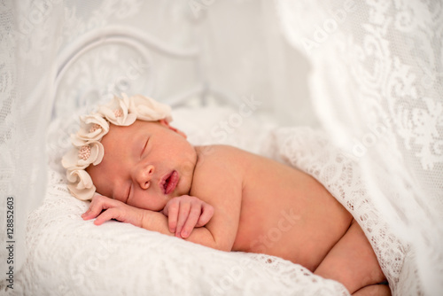 Ideas For Newborn Photo Shoot Newborn Girl Sleeping On The Tummy To Decorative Crib Portrait Of A Sleeping Newborn Girl With Floral Bandage On His Head Covered With Delicate Tippet Buy