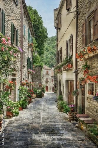 Naklejka na drzwi Narrow old street with flowers in Italy