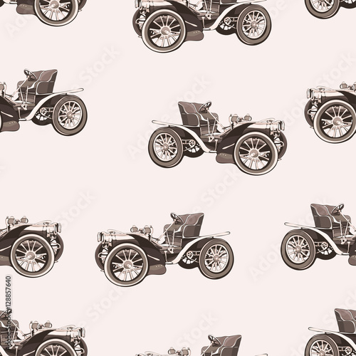 Poster Vintage car seamless pattern, old retro drawing machine, cartoon vector background, monochrome