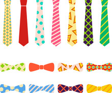 Ties And Bow Ties Set In Flat Cartoon Style.