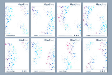 Scientific brochure design template. Vector flyer layout, Molecular structure with connected lines and dots. Scientific pattern atom DNA with elements for magazine, leaflet, cover, poster design.
