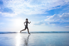 Healthy Lifestyle Concept, Woman Are Jogging At Sea Beach At Sunrise Time, Cardio Training
