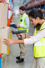 Focus of serious worker is working on cardboard boxes