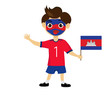 Fan of Cambodia national football team, sports. Boy with flag in the colors of the state command with sports paraphernalia. Kid with national flag.