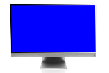 Wall Mural - Sleek modern computer display with blank blue chroma key screen, front view and isolated on white background with reflection