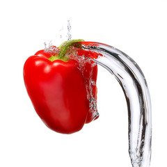 Wall Mural - Water splash and vegetables isolated on white backgroud with clipping path. Fresh bell pepper