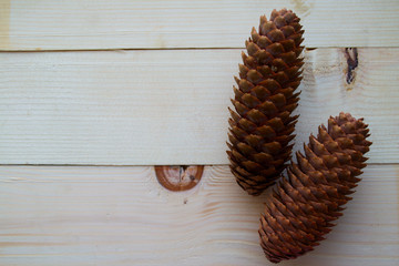 two dried pine cones on  table