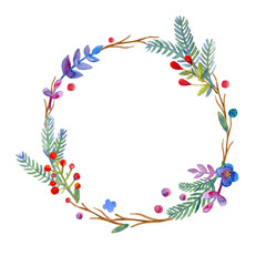  Hand drawn illustration - watercolor wreath. Christmas Wreath with flowers, berries. Perfect for invitations, greeting cards, quotes, blogs, Wedding frames, posters and more