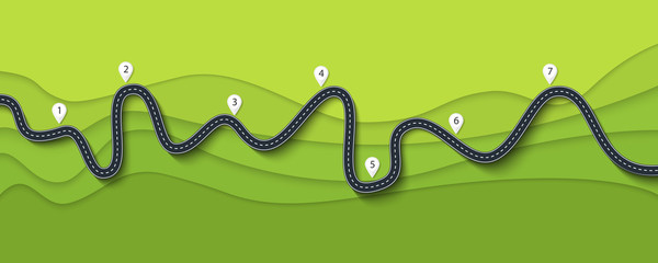 Wall Mural - Road trip and Journey route. Winding Road on a Colorful Background with pin pointer. Vector EPS 10