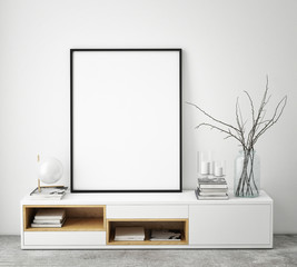 mock up poster frame in hipster interior background, scandinavian style, 3D render, 3D illustration