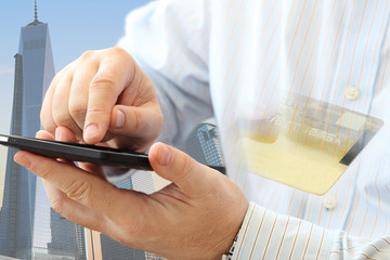 Poster - Close up of man using smartphone on urban background 