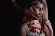 © lemonspeed - Abused young female. Violence against women, rape concept. Stop hurting woman. Men's hands holding girl, toutching face and chest, blood