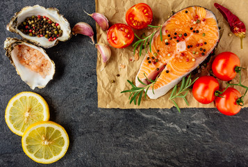 Delicious salmon steak . Top view.