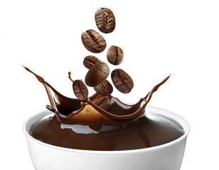 Poster - Roasted coffee beans falling into cup, white background