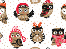 Hand Drawn Vector Seamless Pattern With Christmas Owls