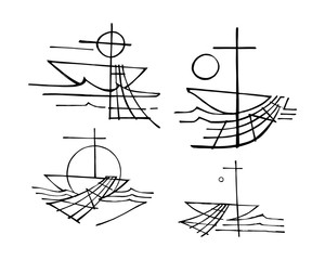 Wall Mural - Row boat nets and a Cross