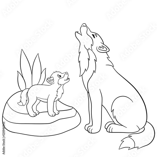 coloring pages father wolf howls with his little baby