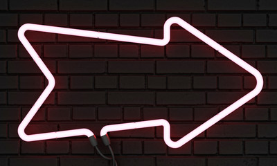 Wall Mural - Neon arrow on black brick wall. 3D rendering