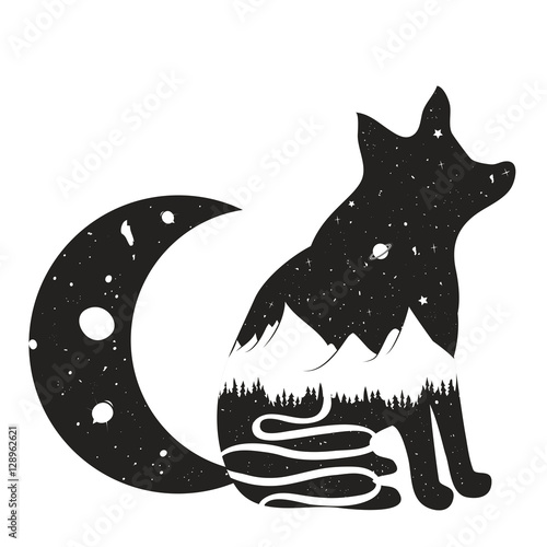 Foto-Schiebegardine Komplettsystem - Vector illustration with fox silhouette with road, mountains, saturn planet, forest, starry sky and the moon. (von julymilks)