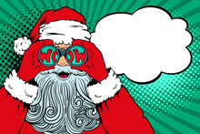 Wow Pop Art Santa Claus With Open Mouth Holding Binoculars In His Hands With Inscription Wow In Reflection And Speech Bubble. Vector Illustration In Retro Pop Art Comic Style. Christmas Invitation.
