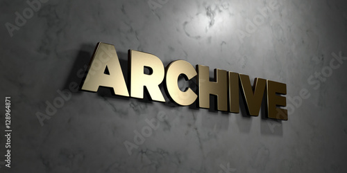 Archive Gold Sign Mounted On Glossy Marble Wall 3d Rendered