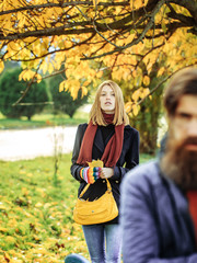 Wall Mural - Young couple in autumn park