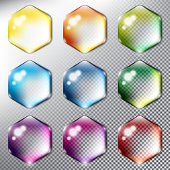 Wall Mural - Abstract vector web buttons set of 9. Isolated with realistic, transparent glass shine and shadow on the light background. Vector illustration. Eps10.