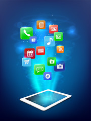 Wall Mural - tablet with abstract cloud of shiny glossy application icons